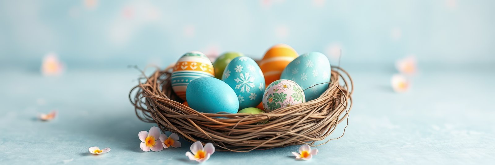 Colorful easter eggs arranged in a decorative nest surrounded by small flowers
